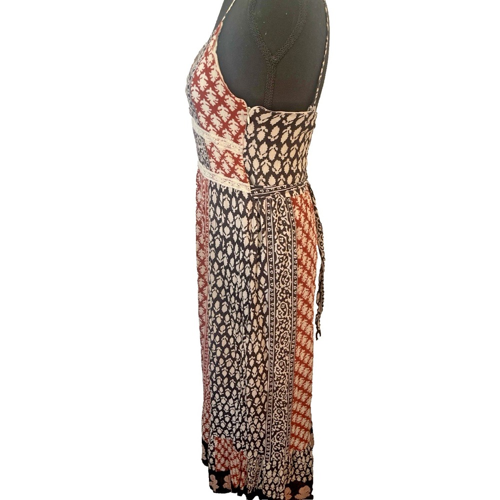 Boho Cotton Maxi Dress Medium Border Print Spaghetti Strap Festival Resort - Picture 3 of 4